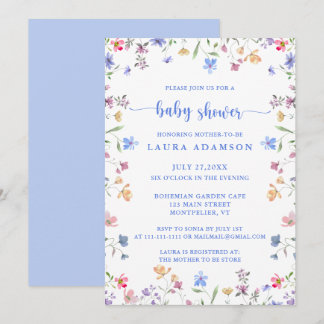 Colorful Watercolor Wildflowers Blue Baby Shower Invitation