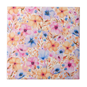 Colorful Watercolor Wildflowers Floral Pattern Tile