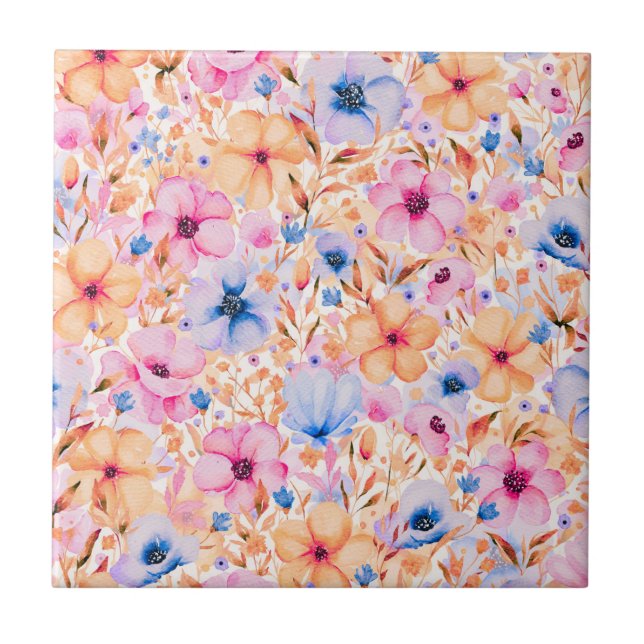 Colorful Watercolor Wildflowers Floral Pattern Tile (Front)