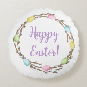 Colorful Watercolor Willow Wreath Happy Easter Round Pillow