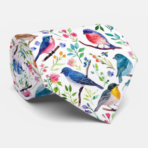 Colorful watercolors birds and flowers pattern tie