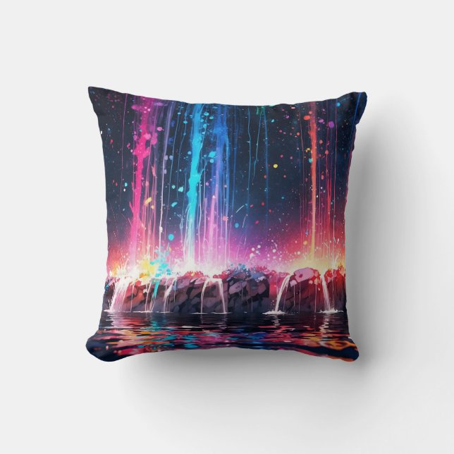 Colorful waterfalls in a magic landscape throw pillow (Front)