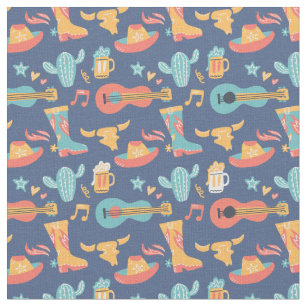 Colorful Western Images on Blue Fabric