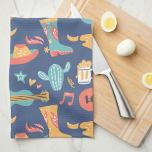 Colorful Western Images on Blue Kitchen Towel
