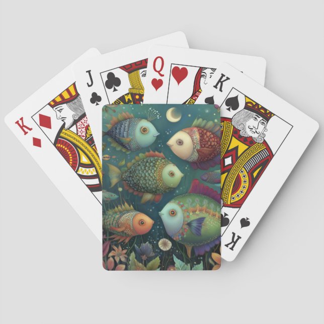 Colorful Whimsical Fish Under the Moon Playing Cards (Back)