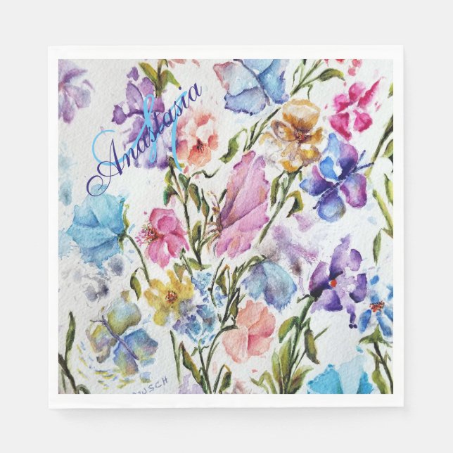 COLORFUL WHIMSICAL FLOWER GARDEN MONOGRAM PARTY NAPKIN (Front)