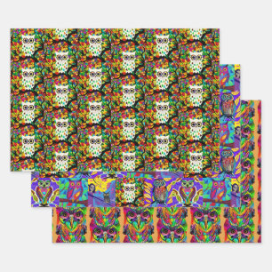 Colorful Whimsical Folk Art Owls Birthday Wrapping Paper Sheet