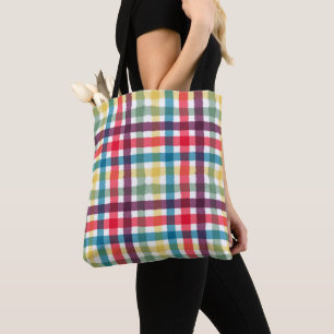 Colorful Whimsical Plaid Watercolor Pattern Tote Bag