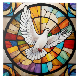 Colorful White Dove Stained Glass Bird Tile