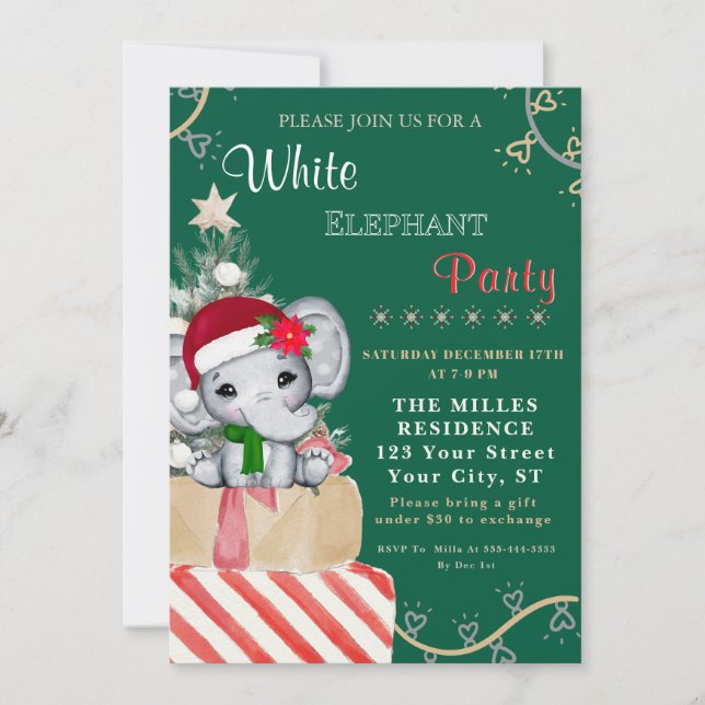 Colorful White Elephant Christmas Holiday Party  Invitation (Front)