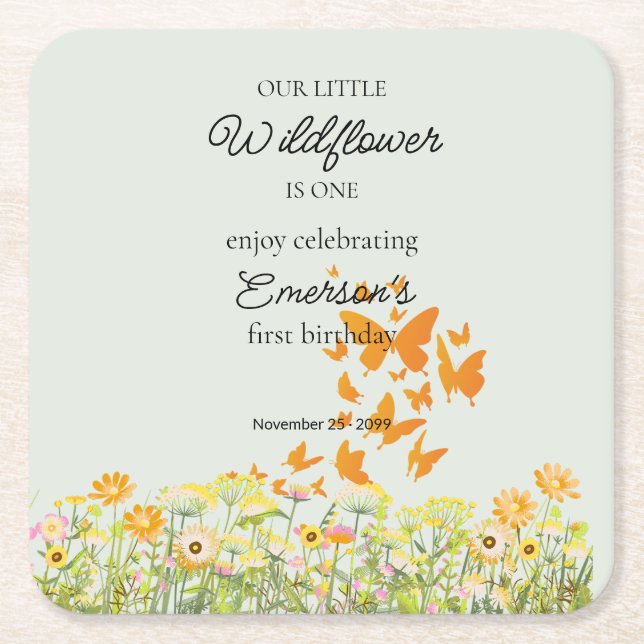 Colorful Wildflower Butterfly 1st Birthday Square Paper Coaster (Front)