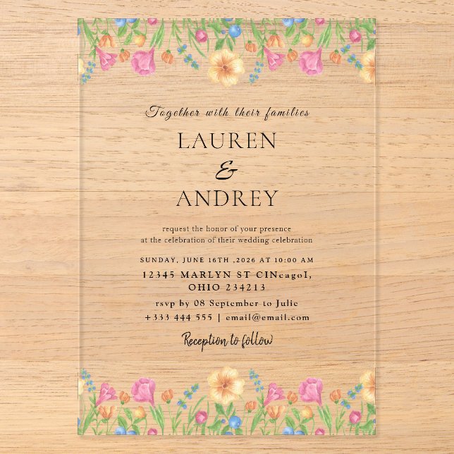 Colorful Wildflower Garden Wedding Acrylic Invitations (Front)