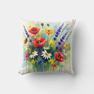 Colorful Wildflower Meadow Watercolor Abstract  Throw Pillow
