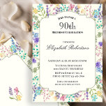 Colorful Wildflowers 90th Birthday Party Invitation<br><div class="desc">This pretty and colorful watercolor wildflowers 90th birthday invitation is a pretty way to invite your guests to the party. This design features hand painted watercolors and a formal frame design with text details that you can customize using the text editor. Customize by editing to add your information in the...</div>