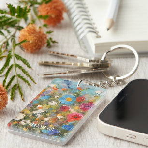 Colorful Wildflowers Abstract Floral Personalized Keychain