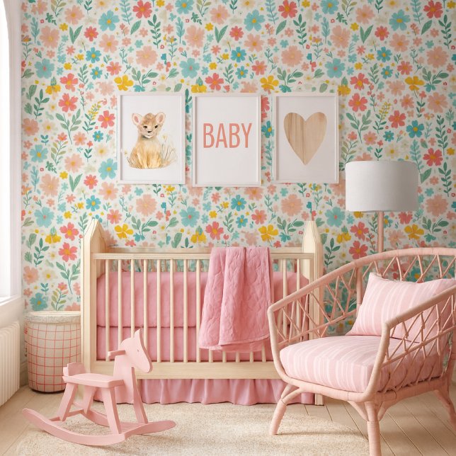 Colorful  Wildflowers  Floral Wallpaper (A charming baby nursery featuring a joyful & fresh color palette, with a focus a stunning wallpaper)