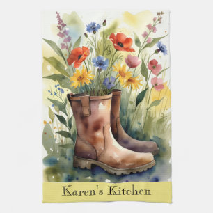 Colorful Wildflowers Gardener Floral Boots Kitchen Towel