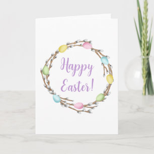 Colorful Willow Wreath And Eggs Happy Easter Card