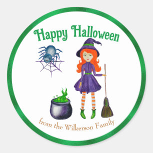 Colorful Witch and Spider Custom Name Halloween Classic Round Sticker