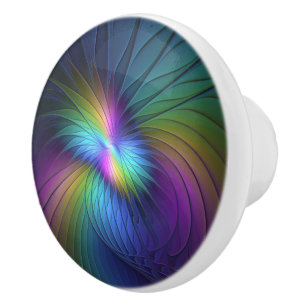Colorful With Blue Modern Abstract Fractal Art Ceramic Knob