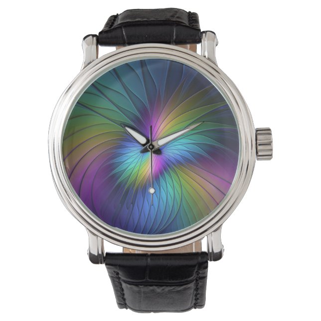 Colorful With Blue Modern Abstract Fractal Art Watch (Front)
