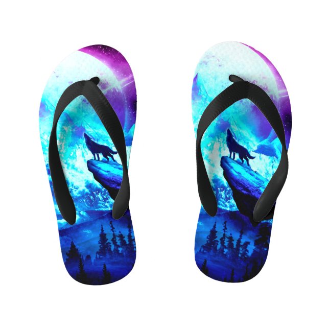 Colorful wolf howling kid's flip flops (Footbed)