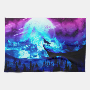 Colorful wolf howling kitchen towel