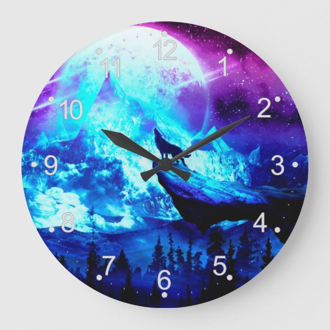 Colorful wolf howling large clock (Front)
