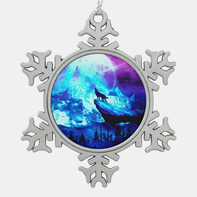 Colorful wolf howling snowflake pewter christmas ornament (Front)