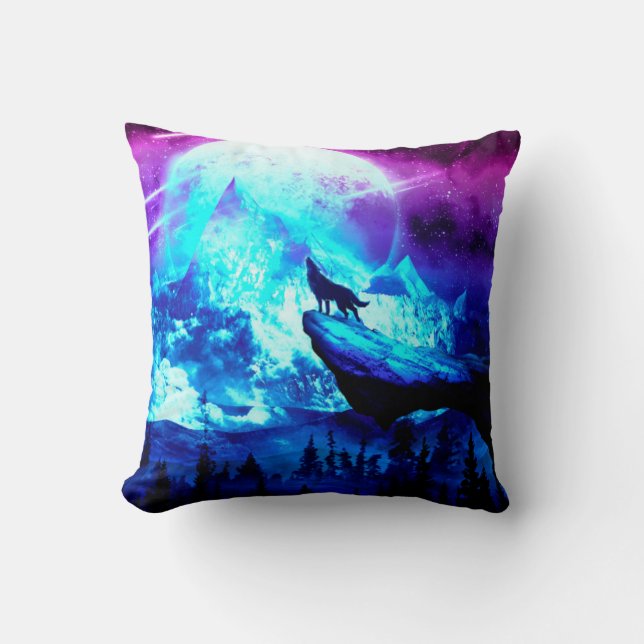 Colorful wolf howling throw pillow (Front)