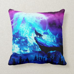 Colorful wolf howling throw pillow