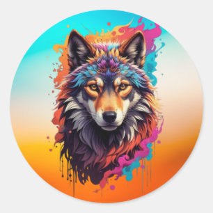 Colorful Wolf Portrait Abstract Animal Art-87694 Classic Round Sticker