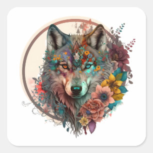 Colorful Wolf With Flowers Square Sticker