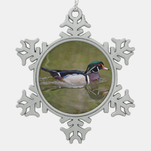Colorful wood duck snowflake pewter christmas ornament