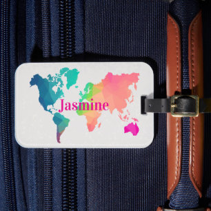 Colorful World Map Custom Monogram Name Luggage  Tag