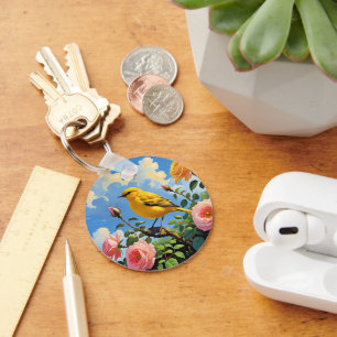 Colorful yellow bird and pretty pink roses keychain