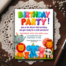 Colorful Zoo Animals Birthday Party Invitation