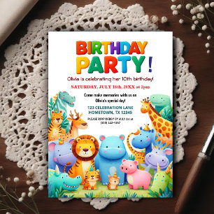 Colorful Zoo Animals Birthday Party Invitation Postcard