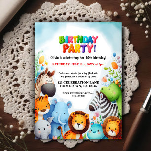 Colorful Zoo Animals Birthday Party Invitation Postcard