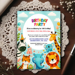 Colorful Zoo Animals Birthday Party Invitation Postcard