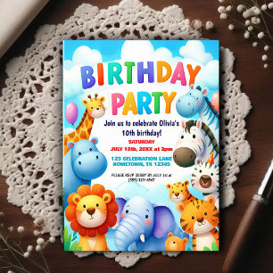 Colorful Zoo Animals Birthday Party Invitation Postcard