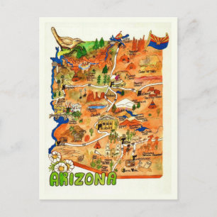 Colorfully Illustrated Arizona Map Postcard