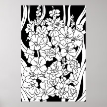 Coloring Page Beautiful Flowers on Black