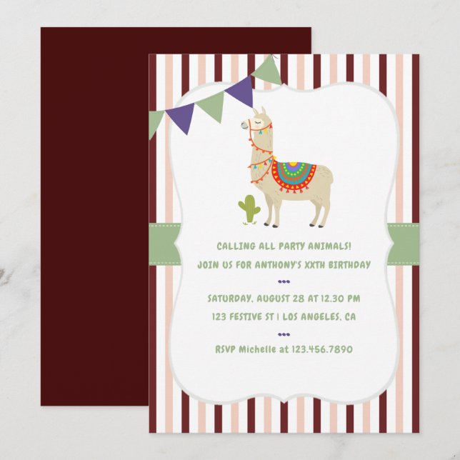 Coloris tendance Llama Invitation fête d'anniversa (Devant / Derrière)