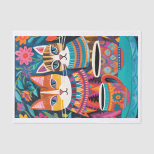 Colorrful Cats Folk Art Style Decoupage Tissue  Paper