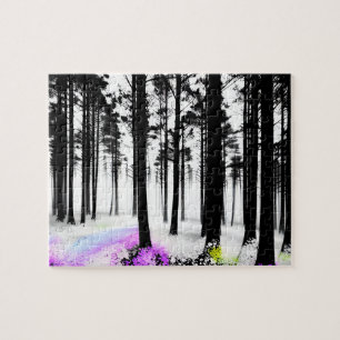 Colors Seep into Black and White Silhouette Forest Jigsaw Puzzle