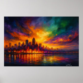 Colorstorm Metropolis Abstract Skyline at Dusk Poster