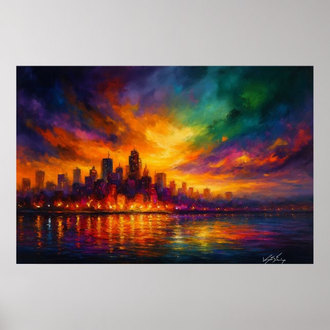 Colorstorm Metropolis Abstract Skyline at Dusk Poster (Front)