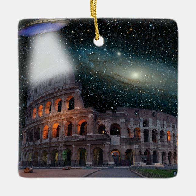 Colosseum Rome Italy Meets Space and UFO Ceramic Ornament (Front)
