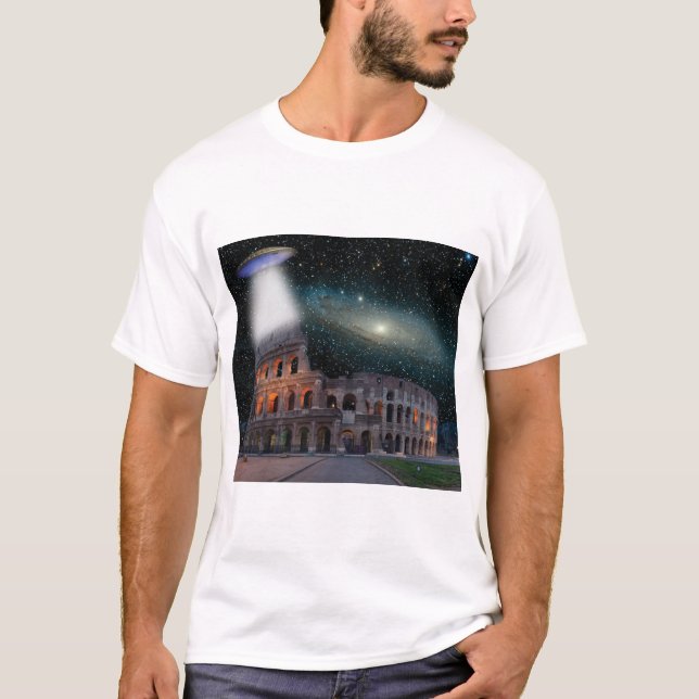 Colosseum Rome Italy Meets Space and UFO T-Shirt (Front)